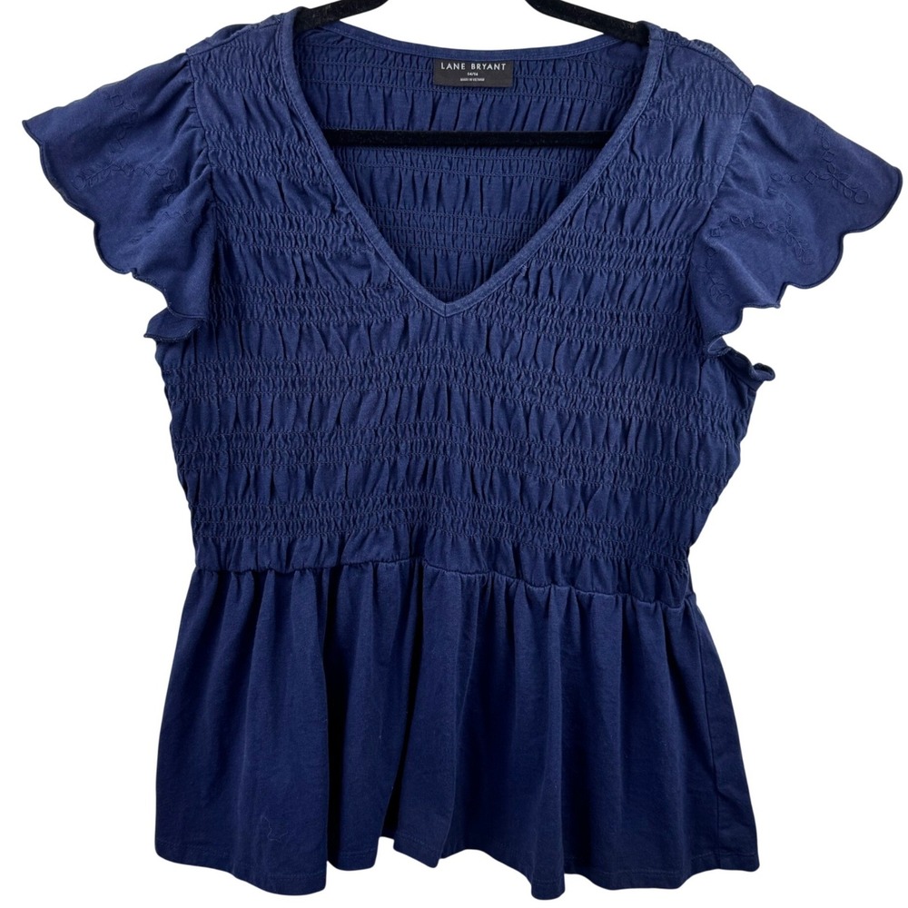 Lane Bryant Peplum Top Womens 14/16 Navy Smocked Flutter Sleeve Eyelet Romantic